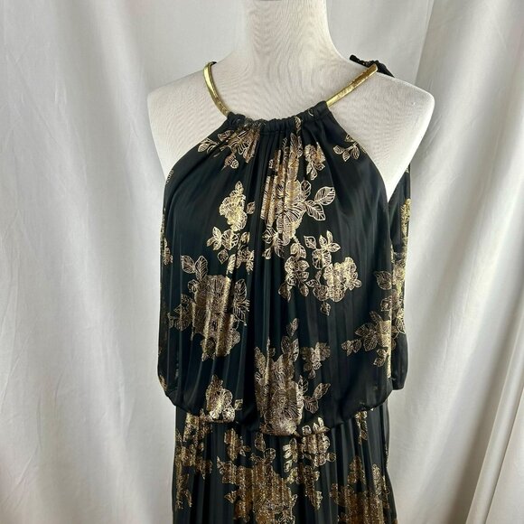 MSK Pleated Gold Print Maxi‎ Dress Women 16 Black Metallic Floral Event Wedding - Picture 6 of 15